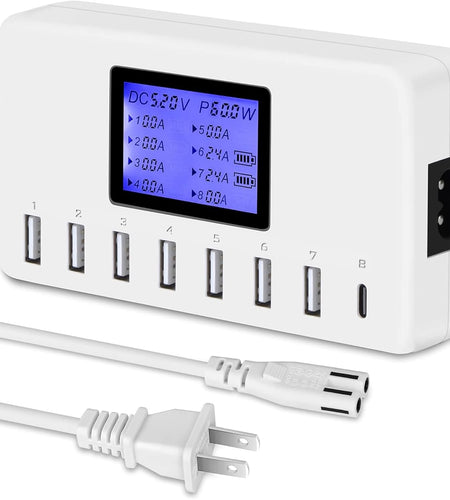 60W 12A 8-Port USB Charging Station - Multi Port USB Hub Charger with LCD Display - Compatible with Iphone, Ipad, Samsung, Kindle, Tablet, Bluetooth Earbuds and More